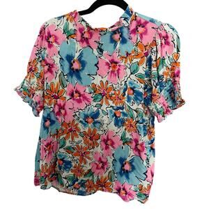 Les Amis, Size Small, Colorful Floral Blouse, Relaxed Fit, Boho, Ruffle Neck Top